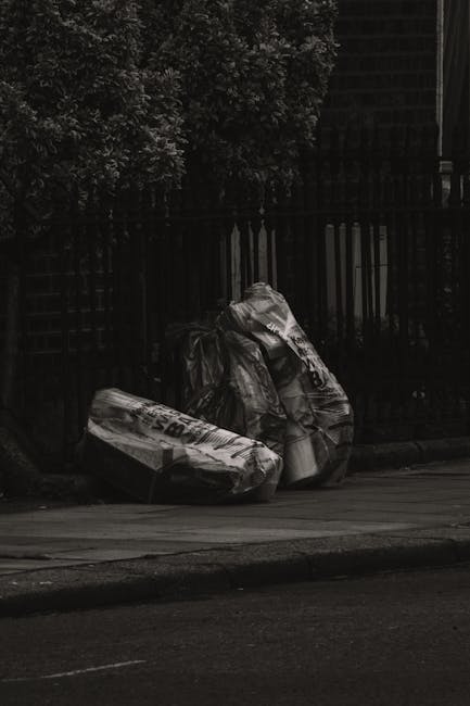 Two large black plastic rubbish bags, slightly crumpled and tied at the top, are positioned on the pavement near a dark wooden fence and leafy bushes in an urban outdoor setting. The bags appear to contain waste materials and are placed close together, with one leaning slightly against the other. The scene is illuminated by natural daylight, casting subtle shadows on the ground. The background shows a dense cluster of dark foliage and a sections of a fence, suggesting a residential or private property boundary. The environment looks calm and undisturbed, with no visible activity or human presence. The setting and the type of waste bags imply they are prepared for an alternative waste collection or private rubbish removal service, aligning with the context of independent rubbish disposal options provided by Waste Disposal Kentish Town.