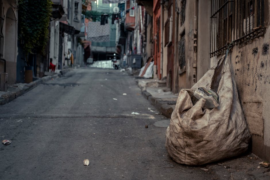 Two large black plastic rubbish bags, slightly crumpled and tied at the top, are positioned on the pavement near a dark wooden fence and leafy bushes in an urban outdoor setting. The bags appear to contain waste materials and are placed close together, with one leaning slightly against the other. The scene is illuminated by natural daylight, casting subtle shadows on the ground. The background shows a dense cluster of dark foliage and a sections of a fence, suggesting a residential or private property boundary. The environment looks calm and undisturbed, with no visible activity or human presence. The setting and the type of waste bags imply they are prepared for an alternative waste collection or private rubbish removal service, aligning with the context of independent rubbish disposal options provided by Waste Disposal Kentish Town.